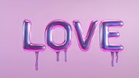 Metallic balloon letters spelling LOVE with dripping effect in holographic pink and blue gradient colors on pink background. Romantic modern design element.
