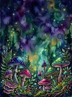 Enchanted forest floor with glowing mushrooms, magical plants, and swirling cosmic sky in purple, green, and gold tones. Fantasy woodland scene for creative projects.