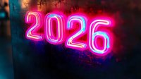 Glowing neon numbers 2026 on dark background with pink and blue gradient lighting effects creating futuristic atmosphere for New Year celebration designs.