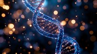 Glowing blue DNA helix structure with sparkles and bokeh lights on dark background, representing genetic research and biotechnology advancement in medicine.