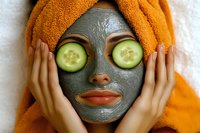 Young woman with clay facial mask and cucumber slices on eyes relaxing during spa treatment, wrapped in orange towel, enjoying skincare routine.