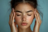 Young Asian woman with closed eyes touching temples, expressing mindfulness and relaxation against turquoise background, natural makeup and glowing skin.