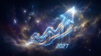 Glowing upward arrow chart with 2027 date floating in cosmic space with stars and nebula clouds representing business growth and future success predictions.