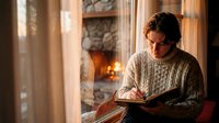 Young Caucasian man in cozy cable knit sweater reading book by warm fireplace in rustic living room. Peaceful indoor winter evening atmosphere for relaxation.