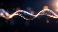 Dynamic flowing wave of golden particles on dark background with bokeh lights creating abstract digital energy pattern for technology presentations.