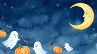 Cute ghost characters and pumpkins floating under crescent moon with starry night sky, suitable for Halloween greeting cards, children's book illustrations, and seasonal decorations.
