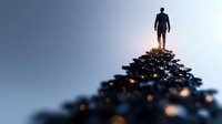 Male silhouette standing on glowing geometric mountain peak against moody sky, representing achievement, leadership and personal growth journey at sunrise.
