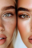 Close-up portrait of two women with different eye colors and skin types showing natural freckles and flawless makeup application, highlighting diversity in beauty.