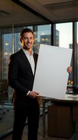 Professional businessman holding blank white poster in modern office space with city view background for marketing presentations.