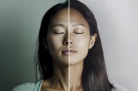 Young Asian woman with closed eyes and serene expression shown in split composition comparing different lighting and mood effects on facial features.