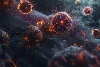 Microscopic view of glowing virus particles floating in dark atmospheric space with orange illuminated spikes and misty background, medical science visualization.