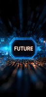Glowing future text in neon light with digital circuit background and radial blur effect, blue technology concept with geometric elements and light trails.