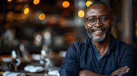 Cheerful senior African American man with glasses and beard smiling in restaurant with bokeh lights in background, conveying happiness and confidence.