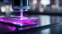 Microscope lens illuminating purple specimen on glass slide with dramatic lighting and bokeh background, showcasing scientific research and laboratory analysis.