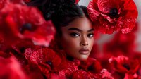 Young African American woman with natural makeup and dark curly hair surrounded by vibrant red poppies creating dramatic romantic portrait in red tones.