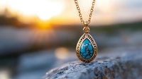Elegant turquoise pendant necklace with antique gold setting against blurred sunset background, showcasing intricate metalwork and natural stone texture on rocky surface.
