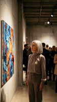 Mature Caucasian woman with silver hair admiring colorful abstract painting at contemporary art gallery opening with visitors in background.