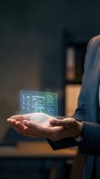 Business professional holding holographic digital interface with data analytics icons and charts in modern office environment.