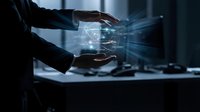 Businessman hands protecting holographic data visualization with digital network connections and futuristic technology interface in modern office.