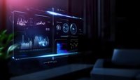 Futuristic holographic business analytics dashboard displaying financial graphs and data visualization in dark office space with blue glowing interface elements.