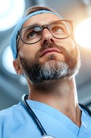 Confident mature medical professional in scrubs and glasses looking up thoughtfully, with beard and stethoscope, captured in warm lighting for healthcare concepts.