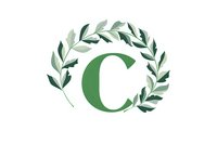 Green capital letter C surrounded by watercolor olive branches and leaves in circular wreath arrangement on white background, suitable for logo design and branding.