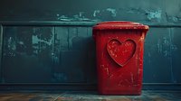 Red plastic trash bin with graffiti heart symbol against dark teal wall, moody urban street photography with dramatic lighting and romantic vandalism element.