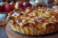 Homemade apple pie with golden lattice crust and caramelized edges served on wooden board, perfect for food blogs, recipe websites and culinary marketing materials.