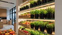 Modern indoor vertical garden wall with fresh herbs and vegetables in contemporary kitchen featuring wooden shelves and LED grow lights for urban farming.
