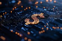 Golden dollar symbol on circuit board with glowing blue and orange bokeh lights, representing digital finance and cryptocurrency technology background.