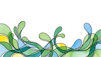 Abstract organic flowing shapes in green and blue tones with yellow accents creating dynamic movement on white background for modern design projects.