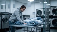Young Caucasian male worker folding clean laundry on metal table in commercial laundromat with industrial washing machines in background.
