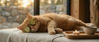 Orange tabby cat relaxing with cucumber slices on eyes during spa treatment session. Pet wellness and self-care concept for relaxation therapy.