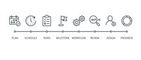 Project management icons set with plan schedule tasks milestone workflow review assign progress symbols for business applications.