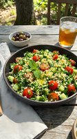 Outdoor garden table setting featuring fresh couscous salad with tomatoes, cucumbers, and mint in black bowl, served with iced tea and olives.