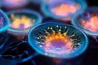 Glowing bacterial colonies in petri dishes emit vibrant orange and blue bioluminescence against dark background, creating mesmerizing scientific macro photography.