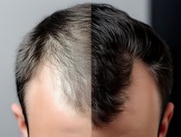 Male pattern baldness before and after hair transplant comparison showing receding hairline treatment results on Caucasian man head.