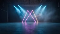 Glowing pink neon triangle shape on reflective floor with blue spotlights and atmospheric fog in dark empty warehouse space, creating futuristic ambiance.