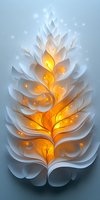 Luminous white fractal leaf with glowing orange core and delicate branches, ethereal sparkles on soft blue background. Spiritual nature concept for meditation designs.
