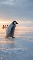 Young emperor penguin chick standing alone on Antarctic ice at sunrise, with adult penguins blurred in background during polar wildlife migration season.