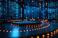 Futuristic digital technology background with glowing blue data matrix displays and curved orange light trails on reflective surface, creating sci-fi atmosphere.
