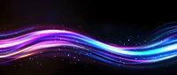 Glowing neon wave with purple and blue light streaks flowing on black background, sparkling particles creating dynamic motion effect for abstract designs.