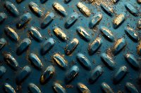 Weathered industrial metal diamond plate surface in teal blue with worn gold patina showing distressed texture and grungy industrial pattern.