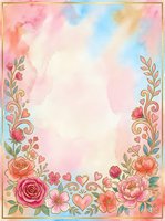 Watercolor floral frame with roses, peonies, and decorative scrolls on soft pastel background. Isolated design element suitable for invitations, greeting cards, and wedding stationery projects.