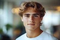 Young Caucasian teenage boy with curly brown hair smiling confidently in white t-shirt against blurred indoor background for lifestyle and youth concepts.