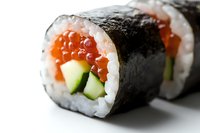 Fresh sushi roll with salmon roe, cucumber and nori seaweed wrap on white background, close up view showing texture and layers of Japanese cuisine.