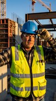 Senior construction worker in safety gear adjusting hard hat at building site with crane and concrete structures in background during golden hour.