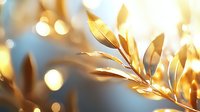 Golden leaves backlit by warm sunlight creating magical bokeh effect in soft focus, natural morning glow creates dreamy atmosphere for nature photography.