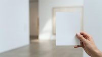 Hand holding blank white card in modern interior space with natural light and minimalist background.