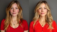 Young blonde woman with natural makeup wearing red top and gold necklace shown in two similar poses against gray background, expressing genuine warm smile.